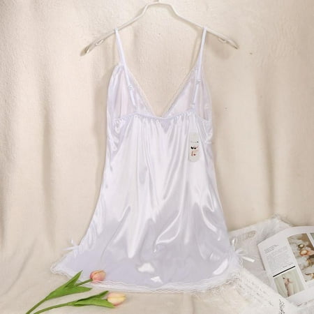 Deepwonder Women Sexy Lingerie Satin Silk Robe Suspenders V-neck Nightgown Dress Babydoll Nightwear Sleepwear