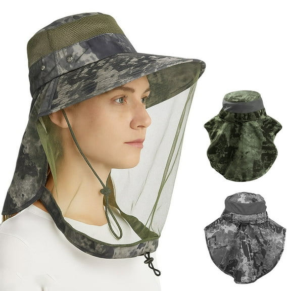 HOMEYA Mosquito Head Net Hat with Neck Flap Wide Brim Sun Hat Outdoor Hiking Gardening Fishing, Green Camouflage