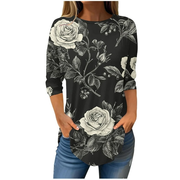 SHE IS Womens 3/4 Sleeve Tops, Plus Shirts for Women Fall Fall Womens Tops 2025 Long Sleeve Blouses for Women Work Loose Fitting Basic Tees for Women