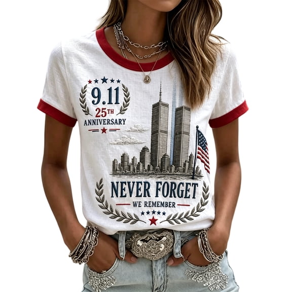GIPQJK 9/11 25th Anniversary Commemorative T-Shirt for Women American Flag Shirt Crew Neck Short Sleeve Tshirts Patriotic We Will Never Forget Vintage Tees,White S