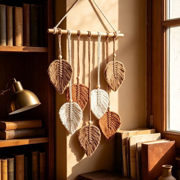 Bohemian Hand Woven Leaf Macrame Wall Hanging Tapestry, 40×68cm Boho Cotton Wall Art Decor for Bedroom Living Room Dorm Apartment