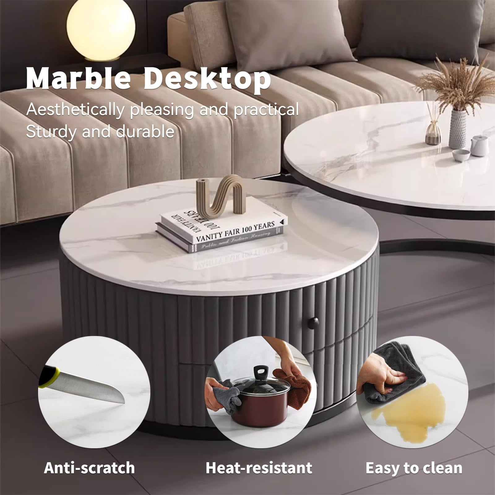 Black Coffee Table Round Set of 2 Nesting Coffee Table for Living Room Circle Coffee Table with Storage Drawer Mid Century Modern Coffee Table with Marble Desktop Large Round Coffee Table