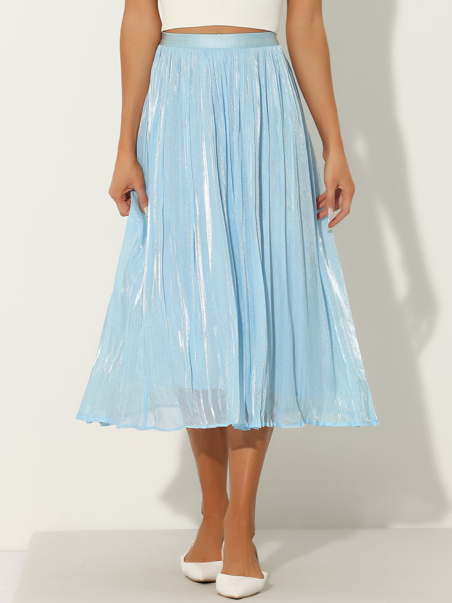 DARING DIVA Women's High Elastic Waist Skirt Swing Pleated Midi Skirts XS Light Blue