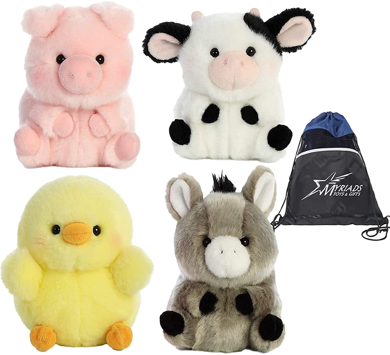 Aurora Rolly Pets Set of 4: Bray Donkey, Daisy Cow, Chickadee Chick, and Prankster Pig with