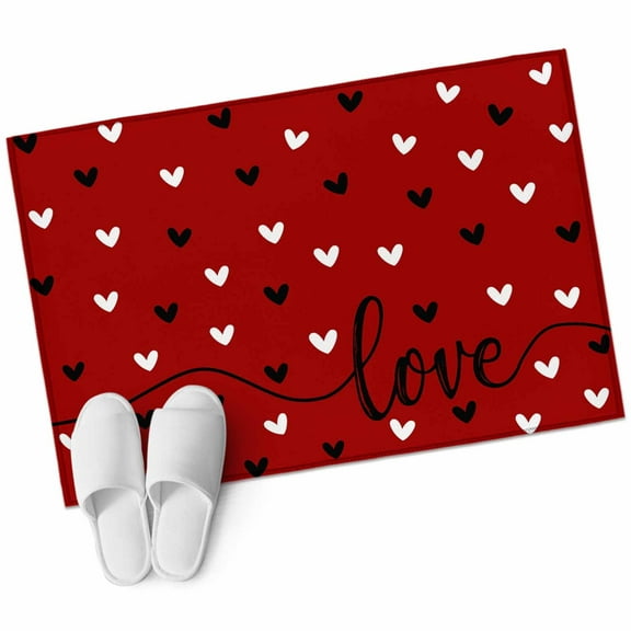 Valentines Bathroom Mat 2x3 FT, Non Slip Small Kitchen Mat, Black White Love Heart Red Washable Soft Backed Front Door Throw Rug Non-Shedding Indoor Outdoor Doormat for Entryway Sink