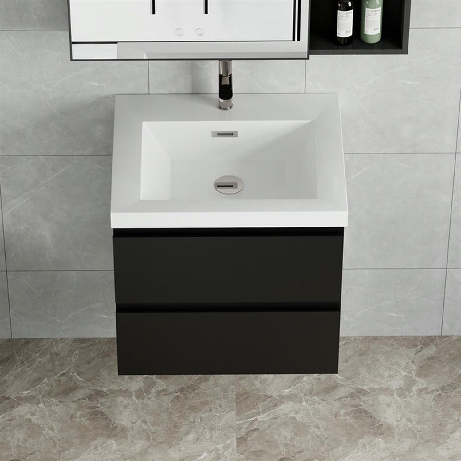Demi Bonn 24" Floating Bathroom Vanity with Sink, Resin Top Basin and 2 Soft Close Drawers, Faucets and Drains Not Included, Black