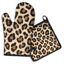 Classic Leopard Print Kitchen Oven Mitt and Pot Holder Sets 2 Pcs for Baking, Cooking and Grilling, Heat Resistant Up To 392 °F