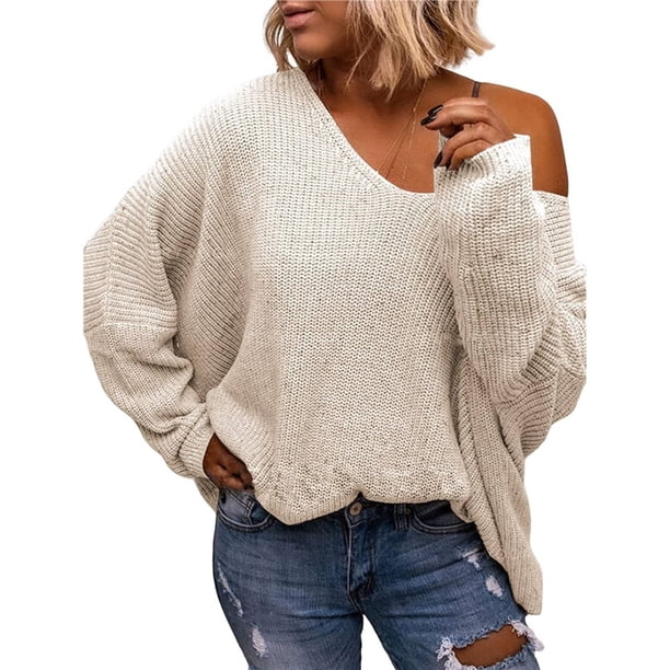 Suéter Holgado de Punto de Larga con Cuello en V para Mujer Crema XL