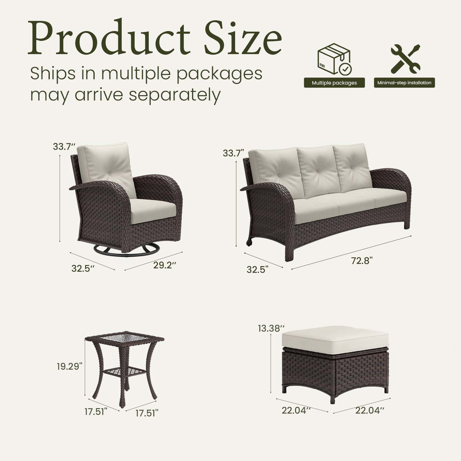 LayinSun 6 Pieces Patio Outdoor Conversation Set, Wicker Furniture Set with Swivel Chairs and Ottomans 7-Seat
