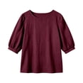 thumbnail image 3 of Vivianyo HD Women's Crew Neck Textured Blouse, Puff Short Sleeve Solid Loose Casual Summer Shirts for Women, Women's Red, Sizes S-2XL, 3 of 5