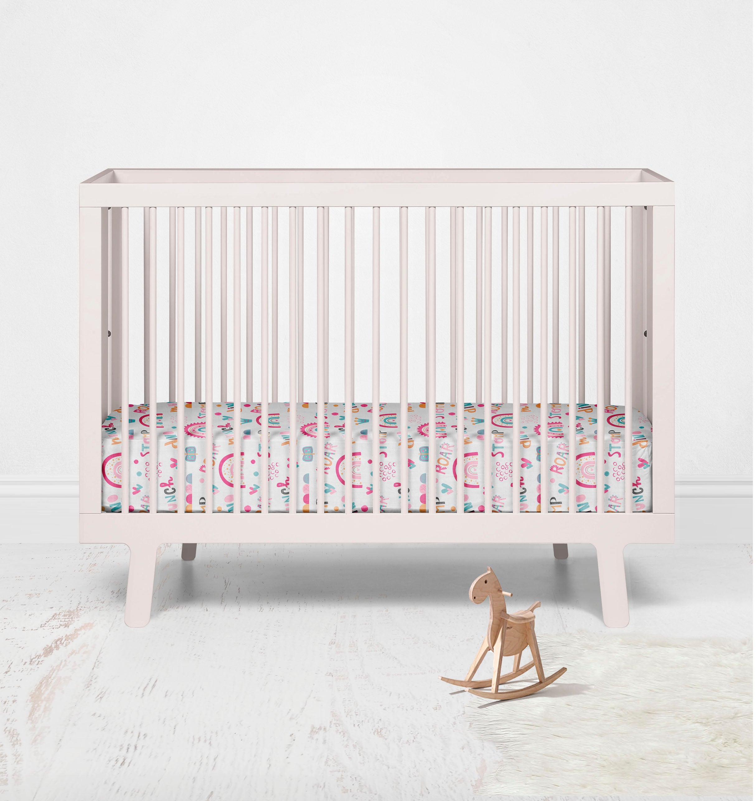 Bacati - Girls Little Dino Rainbow Pink Fuchsia Orange Muslin Crib or Toddler Bed Fitted Sheet