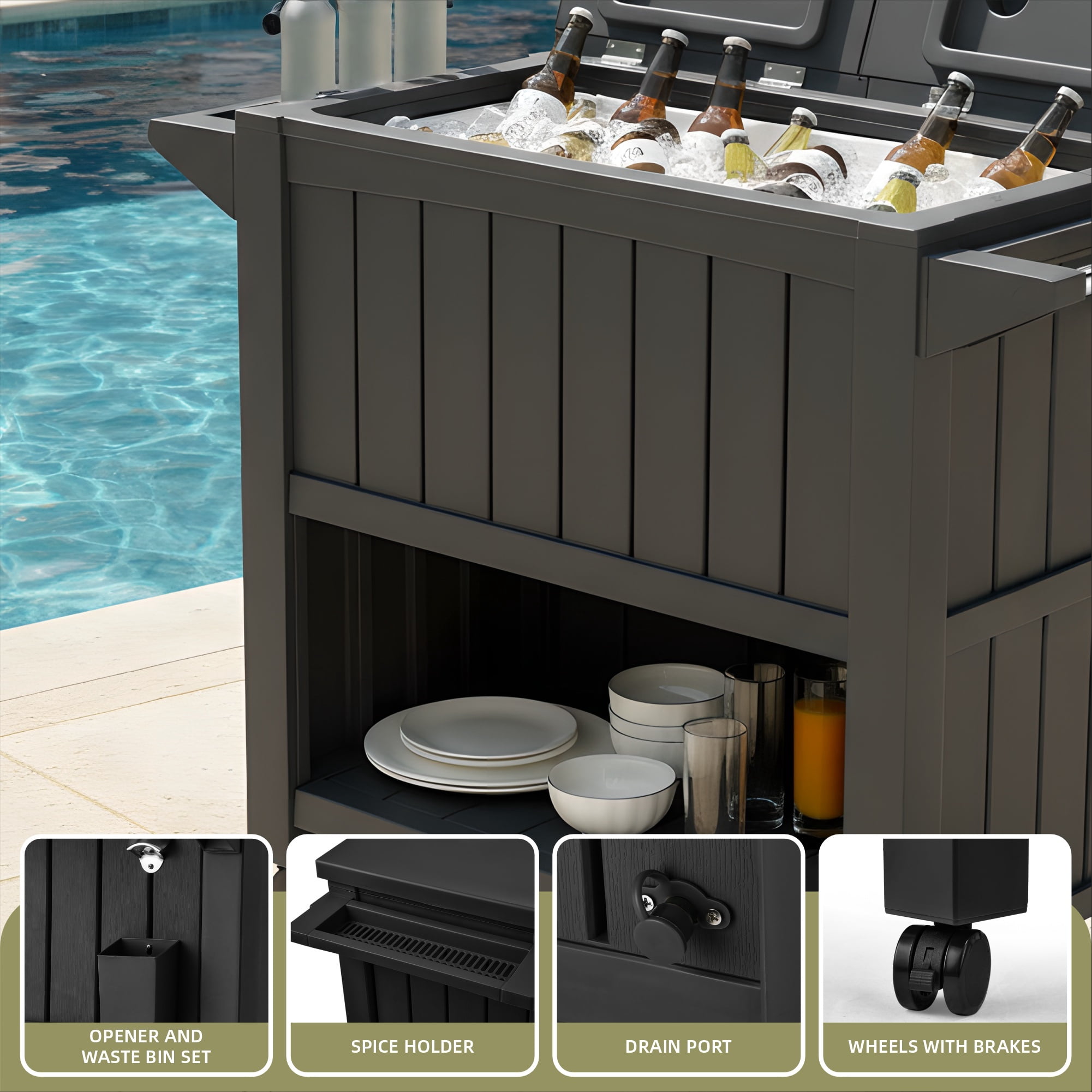 Uforic 85 Quart Rolling Cooler with Wheels, Portable Outdoor Ice Chest with Bottle Opener & Drainage, Black Beverage Cart for Pool Deck, Party, BBQ & Cookouts