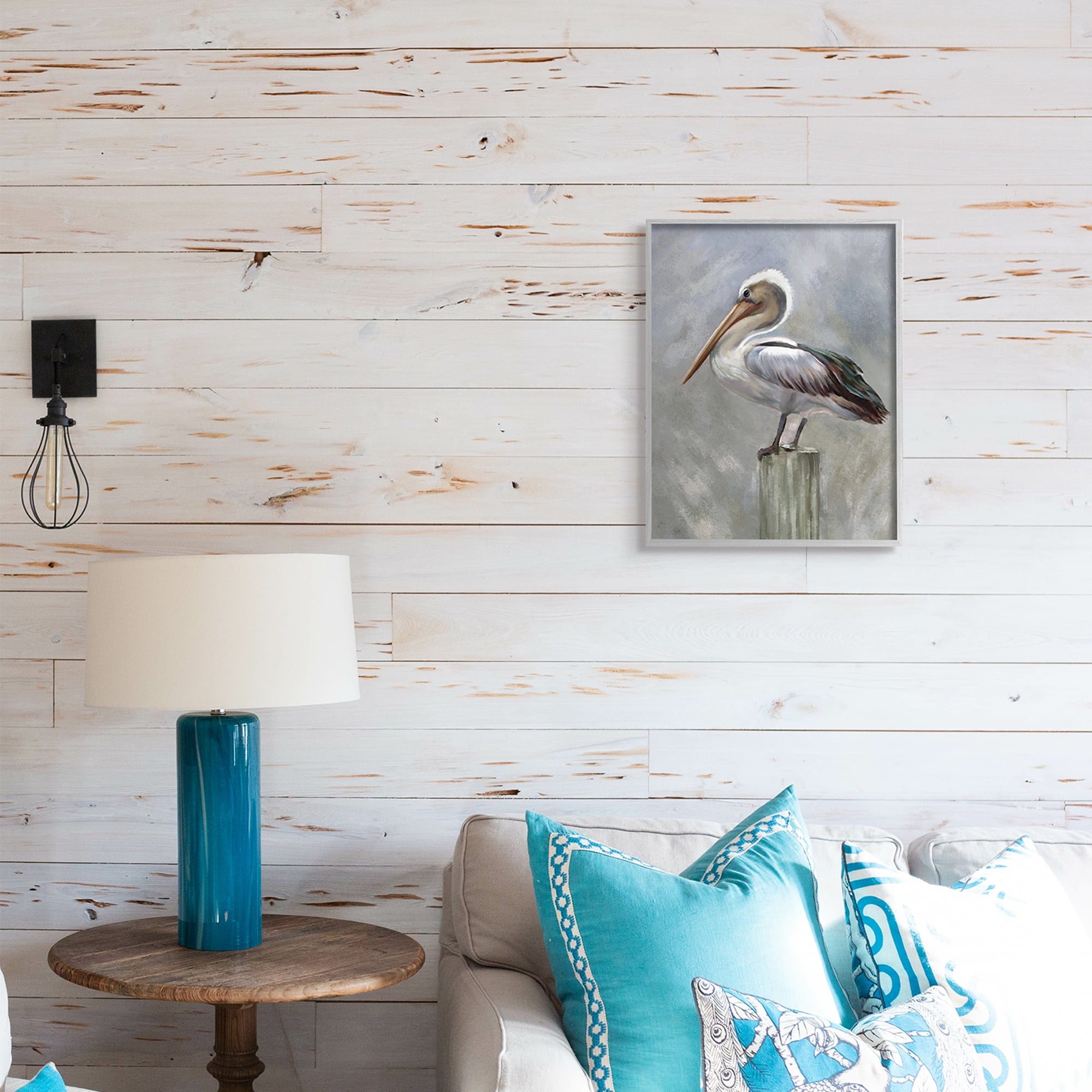Stupell Industries Pelican Resting on Wooden Pillar Soft Grey,16 x 20,Designed by Heather Hayes