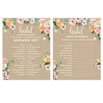 Peach Coral Kraft Brown Rustic Floral Garden Party Wedding, Wedding Word Scramble Bridal Shower Game Cards, 20-Pack