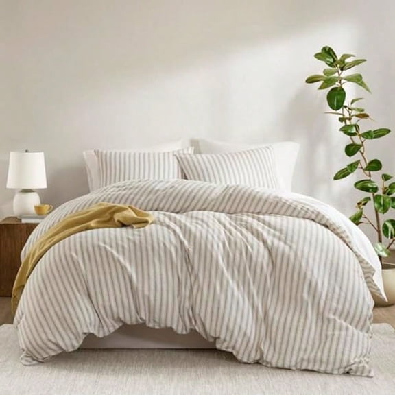 Duvet Cover Set for Hot Sleepers Linen Cotton Rayon Blend Queen Size 3 Piece Set with Shams Lightweight Breathable Bedding Tan Striped Design