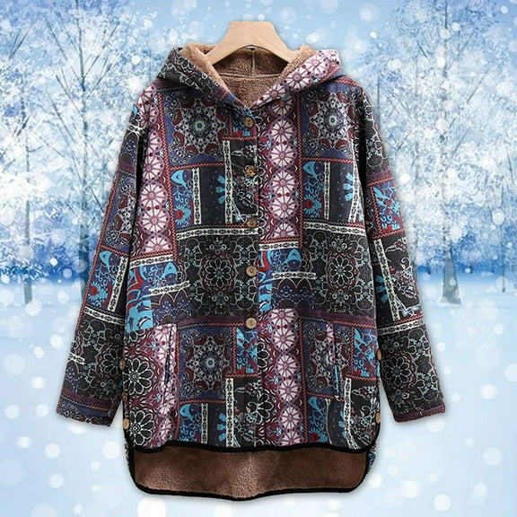 AOOCHASLIY Women Winter Coat Women's Cotton and Linen Printing Hoodies For Women Fall Winter Fleece Jacket Casual Hooded Sweatshirts Thick Lined