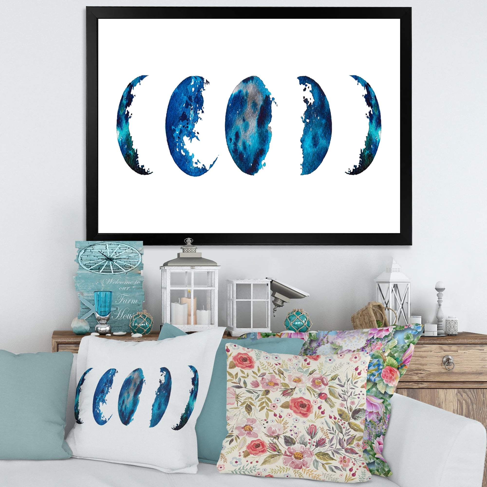 Designart 'Blue Moon Different Phases' Bohemian & Eclectic Framed Art Print