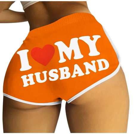 Lovskoo I Love My Husband Booty Shorts for Women Letter Printed Yoga Sport Workout Hot Pants Elastic Waist Athletic Lounge Shorts Orange