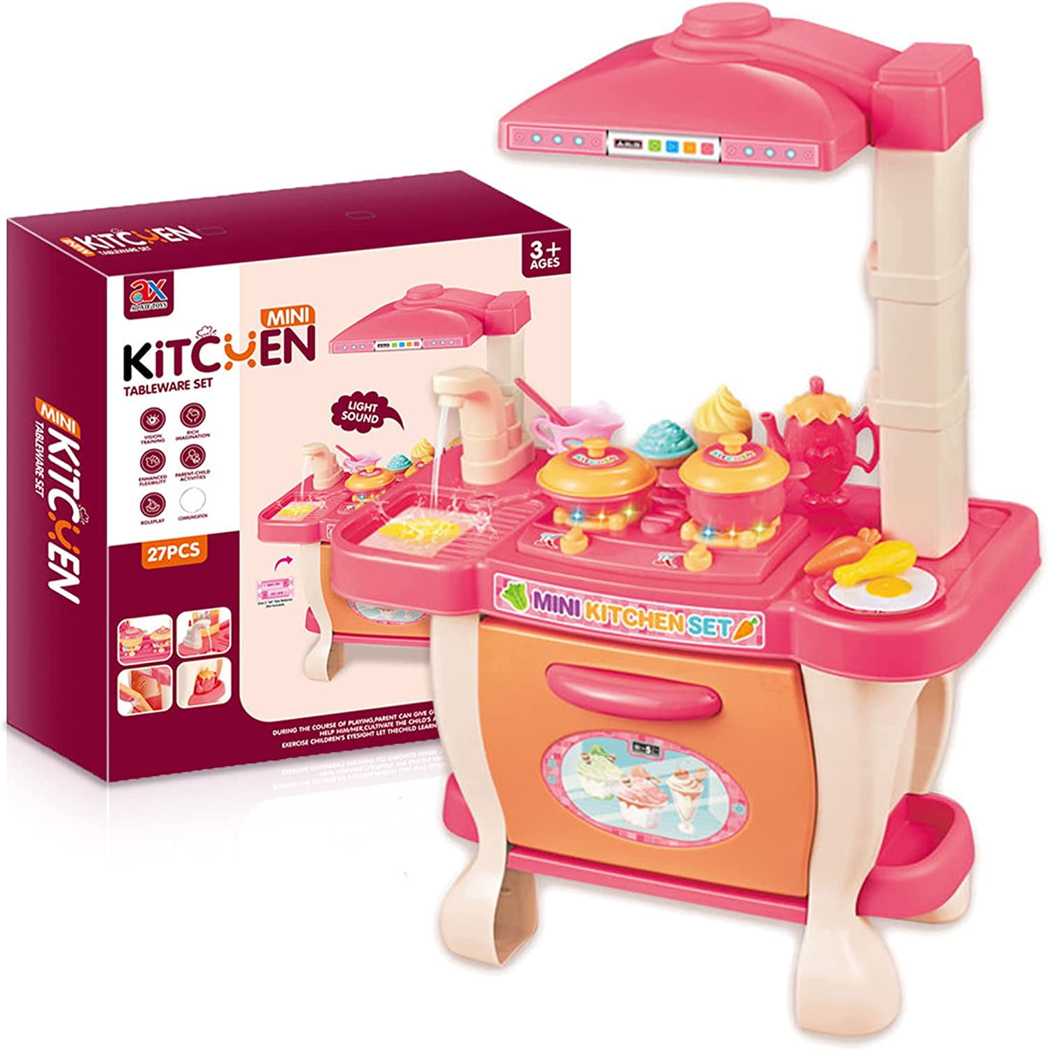 27Piece Mini Kitchen Playset with Sink Pretend Play Stovetop & Oven