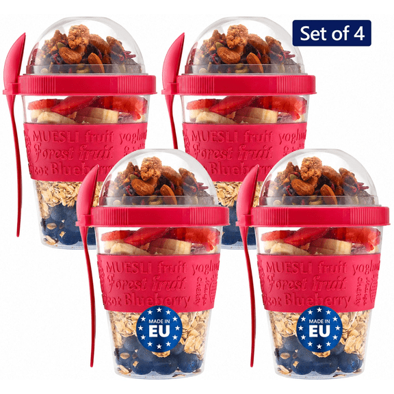 Tribello Yogurt Parfait Cups with Lids and Spoons, 4-Pack Reusable Leakproof Yogurt Containers, BPA-Free, 20 oz - Red