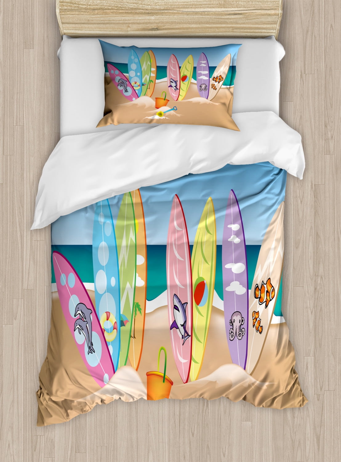 Ocean Duvet Cover Set Twin Size, An Illustration of Surfboards on the