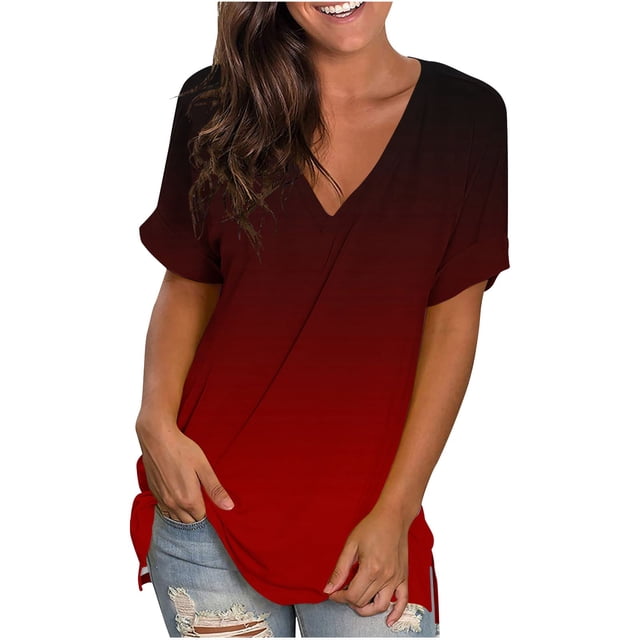 Aqestyerly T-Shirt Dégradé pour Femme Col Rond Manches Courtes Décontracté Coupe Ample T-Shirt d'Été Doux Léger Quotidien Mode Urbaine HWRETIE