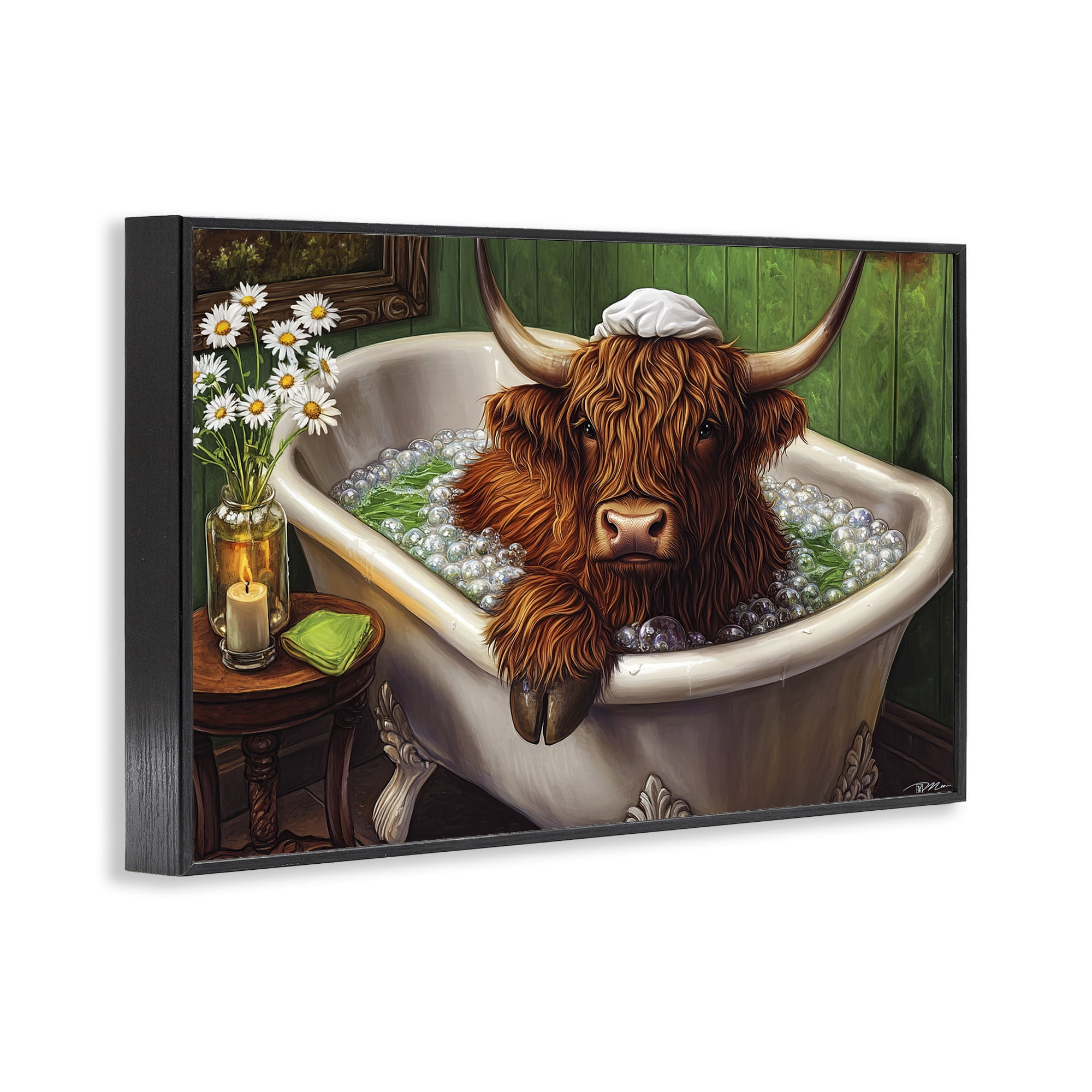 Highland in Candle Lit Bubble Bath Black Framed Giclee Art, design by Momart