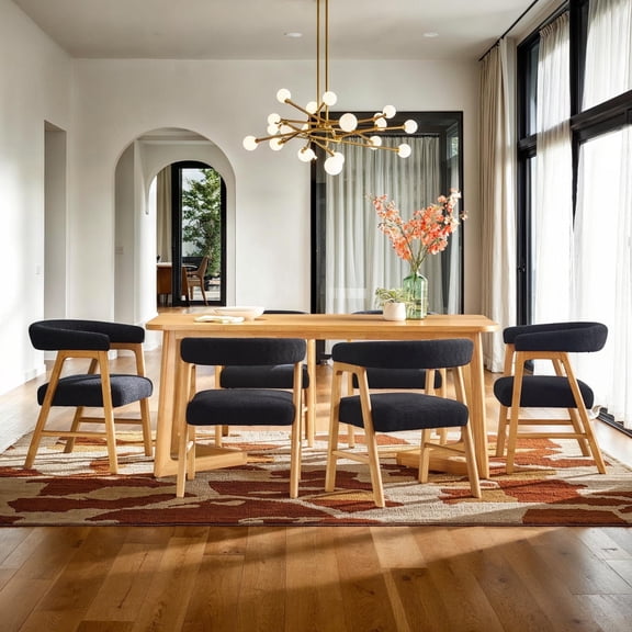 Walker Edison Modern Solid Wood Curved Dining Chair with Boucle, Set of 2, Black