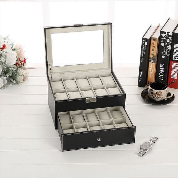 Organizador de relojes de lujo, estuches para relojes para hombres con tapa de vidrio real y terciopelo suave, estuche de almacenamiento de exhibición, 10 compartimentos para relojes y joyas, acabado