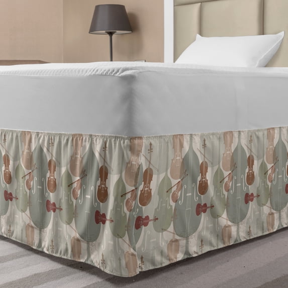 Music Bed Skirt, Classical Instrumets String Quartet Violins Baroque Sonata, Elastic Bedskirt Dust Ruffle Wrap Around for Bedding Decor, 4 Sizes, Reseda Green Warm Taupe, by Ambesonne