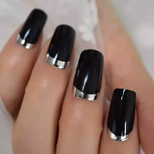 Eda Luxury Beauty Black Silver Chrome French Luxe Design Full Cover Press On Nails Acrylic Nail