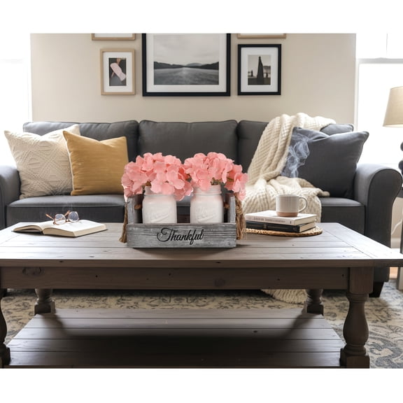 Rustic Farmhouse Table Centerpiece Set – 2 White 16oz Mason Jars with Pink Hydrangeas in Wooden Tray, Dining Room & Coffee Table Décor