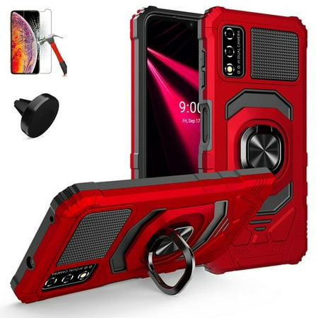 Phone Case for Alcatel TCL 30 T/ 30T (T603DL) with Car Mount, Screen Protector Shock Absorbing Ring Case (Robotic Red / Tempered glass / Car Mount)