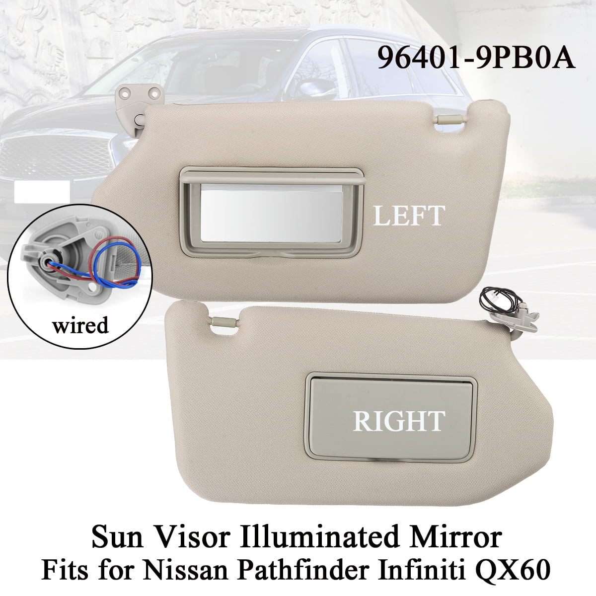 Dasbecan Right Passenger Side Sun Visor Replace for 2013-2018 Nissan Pathfinder 2014-2017 Infiniti QX60 JX35 Sunvisor with Mirror&Light Right Visor Gray 96400-9PB0A 