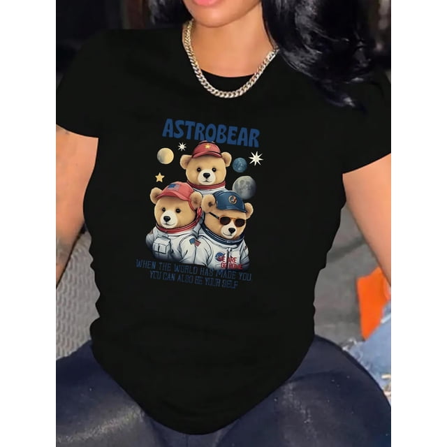 Camiseta De Mujer Camiseta De Verano Para Mujer Para Viajes En La Calle TrabajoCartoon Bear & Slogan Print Comfy T-Shirt, Round Neck Short Sleeve Sports Tee, Women's ActivewearFather's Day, Mother's