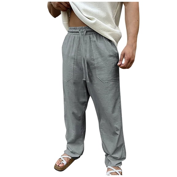 CLOISE Men Linen Pants Trendy Pockets Big and Tall Drawstring High Waist Long Pants Beach Solid Baggy Trousers Elastic Waist Vacation Clothes