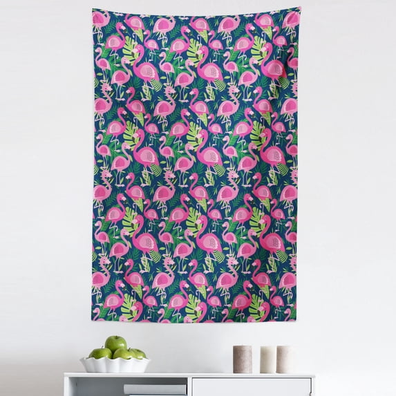 Fun Flamingo Tapestry, Lagoon Water Bird Repetitive Illustration Hawaiian Tropical Vibes, Fabric Wall Hanging Decor for Bedroom Living Room Dorm, 5 Sizes, Night Blue and Pink, by Ambesonne