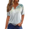 thumbnail image 3 of Floral Print Henley T-Shirt for Women, Short Sleeve V-Neck Button Top - Soft Summer Casual Tee with Slim Fit Light Green XXL, 3 of 8
