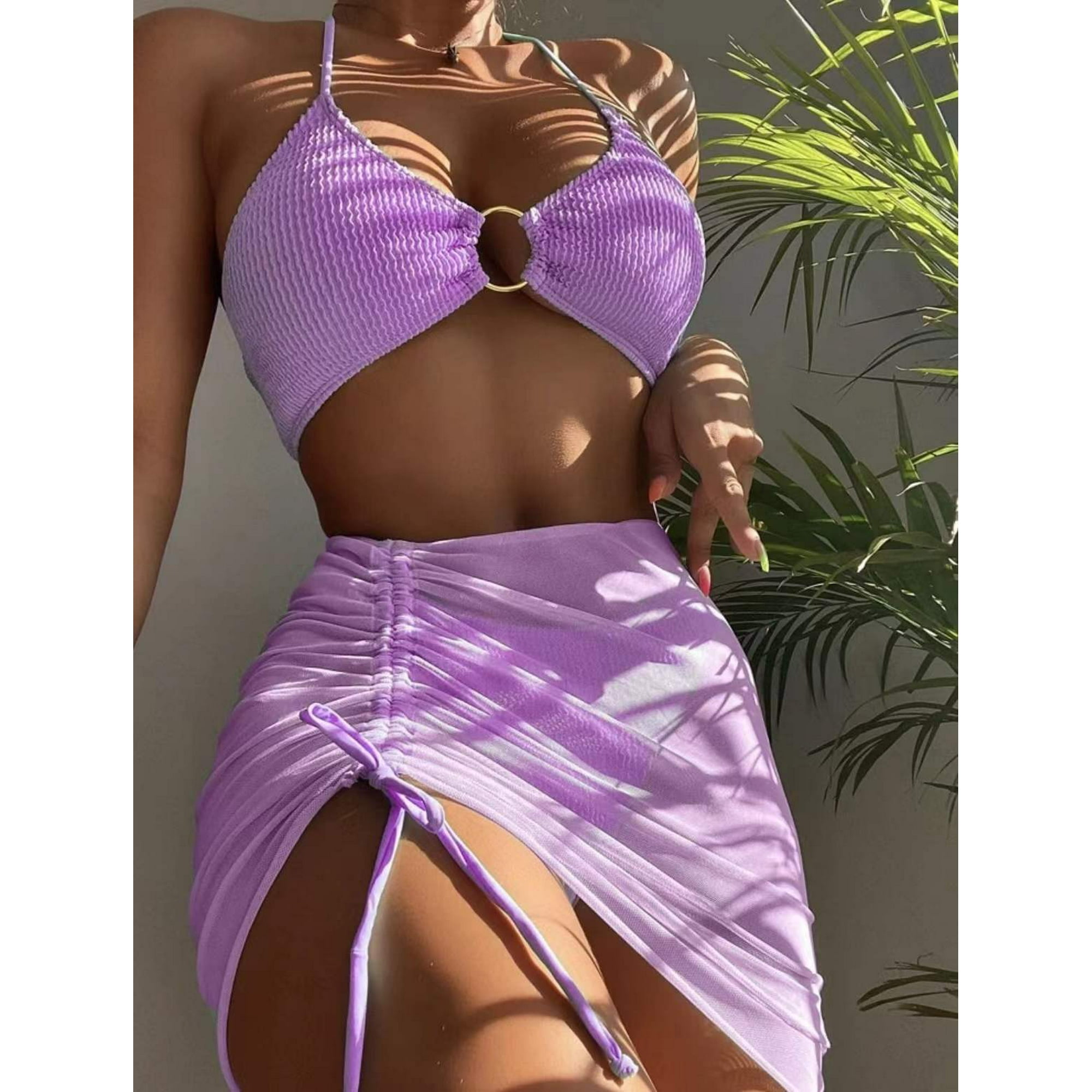 3 Pieces Mesh Skirt Swimsuit Women Halter Micro Ribbed Bikini 2022 High Waist Swimwear Sexy Solid Beachwear Bathing Suit Biquini Walmart
