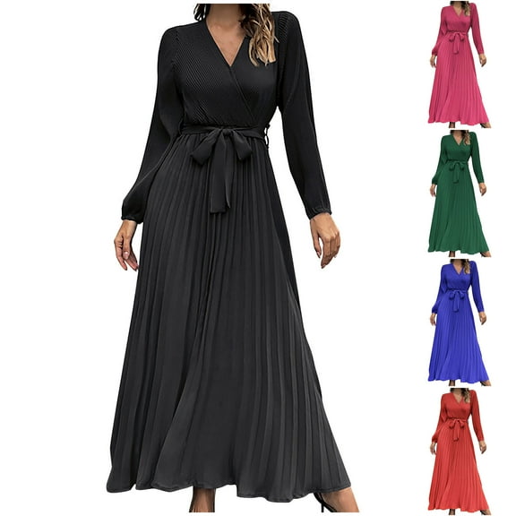 Kmdttou Women Casual Long Sleeve Dress Summer Dresses 2025 Solid Color Relaxed Fit for Women's Summer Casual Slim Pleated Belted V-Neck A-Line Color Dress,Chic Day Dresses for Ladies Summer Wear