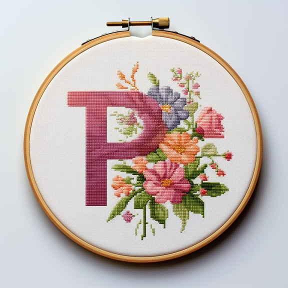 Letter P in Flowers Stamped Cross Stitch Kits for Beginners Easy with Hoop 11CT Needlepoint Embroidery Counted Cross Stitch Kits Art Craft Wall Decoration 35x35cm(1)