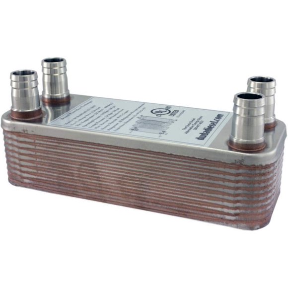 Duda Energy HX1220:HB34 B3-12A 20 Plate Stainless Steel Heat Exchanger with 3/4" Hose Barb Ports Copper Brazed, 2" Height, 2.9" Width, 7.5" Length