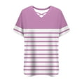 thumbnail image 7 of Feancey Plus Size Trendy Womens Tshirts Summer Short Sleeve Striped Print Tops Criss Cross V Neck Loose Blouse Business Casual Oversized T-Shirt PinkXXL, 7 of 7