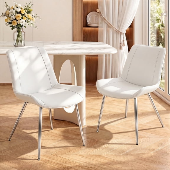 Modern Faux Leather Dining Chairs Set of 2, Upholstered Kitchen & Dining Room Chairs with Backrest, Durable Metal Legs(White, Silver Legs)