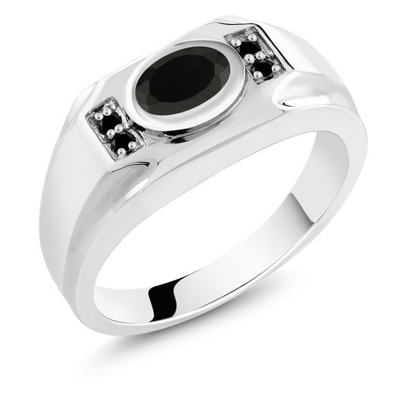 Gem Stone King Men's 925 Sterling Silver Black Onyx and Black Diamond Ring (1.22 Cttw, Gemstone December Birthstone, Oval 8X6MM,, Size 9)