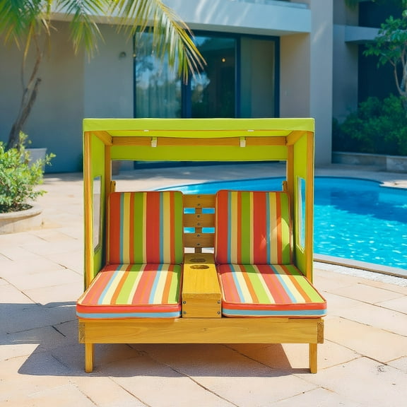 YYAo Kids Patio Lounge Chair with Cup Holders and Awning-Multicolor