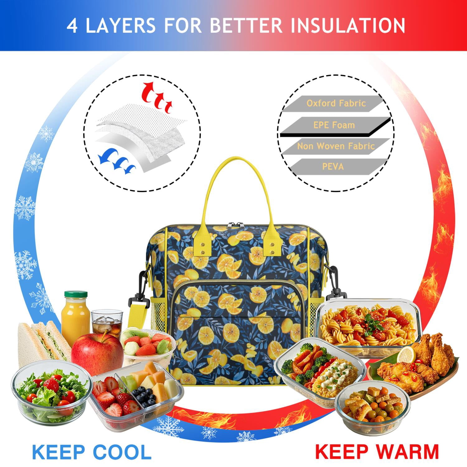 Modern Lemon & Floral Insulated Tote Bag - 100% Leakproof Thermal Lunch Box for Office Workers, Students, Fitness Enthusiasts