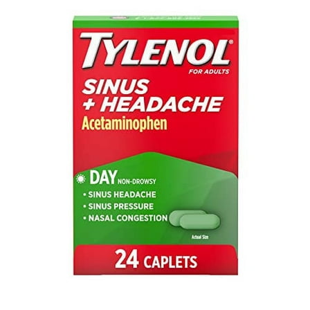 Tylenol Sinus   Headache Daytime Non-Drowsy Relief Caplets, Acetaminophen 325mg, Nasal Decongestant for Sinus Pressure, Headache & Nasal Congestion Relief, 24 ct