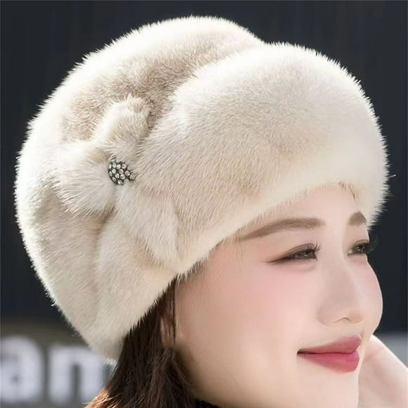Bunenne Bucket Hats for Woman Chemo Headwear for Women Beanies for Winter Women's Hats Winter Faux Flower Decor Hats Elderly Hats Old Ladies Hats Fleece Beanie Turbans for Women Beige One Size