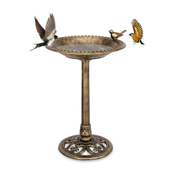 Bird Bath Feeder, Antique Gold Pedestal Birdbath - 28" Outdoor Standing Bird Waterer, Large Capacity Weatherproof Bird Bath for Garden, Lawn, Backyard Decor with Stakes